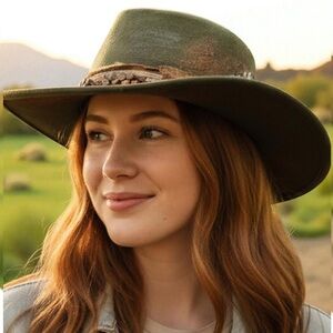 Green & Brown Vintage Inspired Distressed Band Rustic Western Fedora Hat